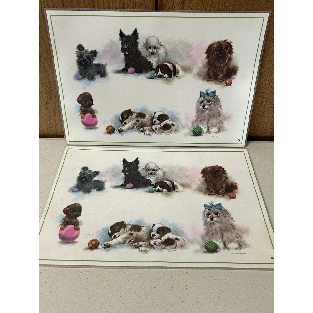 Vtg 70s‎ DOGS Puppies POODLES Reversible to Plaid Laminate Placemats GIORDANO x2